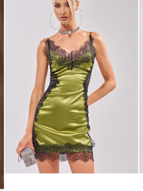 AKIRA Other - AKIRA Olive Green Satin Slip Dress with Black Lace